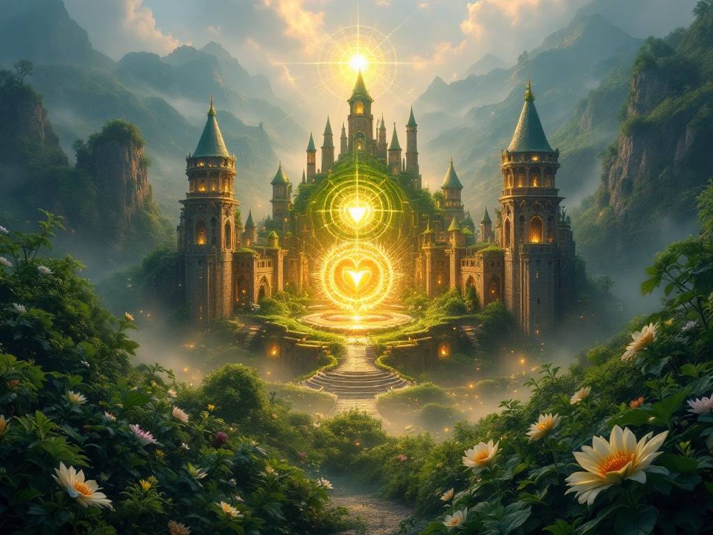 „Die grüne Hexe und die Kunst der natürlichen Heilung“ – Eine naturheilkundliche Perspektive auf Wicked 2 Die Smaragdstadt, Umgeben Von Grünen Hügeln Und Leuchtenden Pflanzen, Symbolisiert Natürliche Heilung Und Balance. Im Zentrum Strahlt Ein Herzchakra-Symbol, Das Harmonie Und Die Kraft Der Natur Verkörpert.