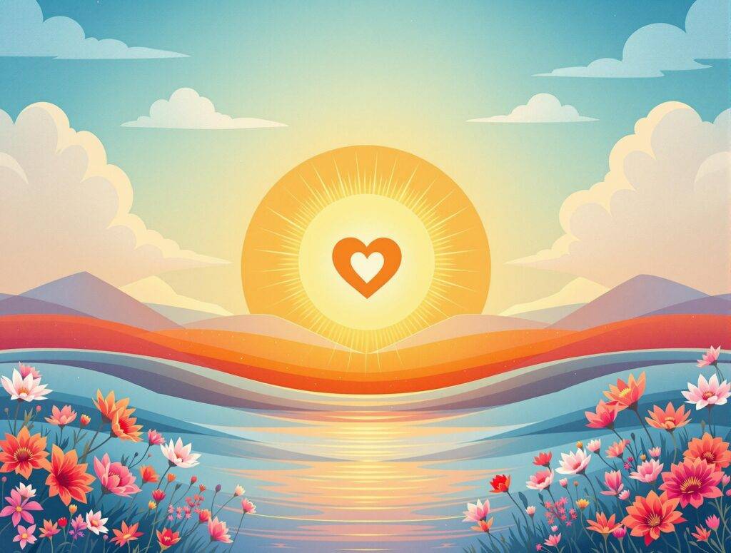 Das Feuerelement in der TCM: Ultimative Gesundheit und Eigenfürsorge im Sommer 1 Sommerliche Landschaft Mit Strahlender Sonne, Roten Und Orangenen Farbtönen, Die Das Feuerelement Der Tcm Symbolisieren. Im Vordergrund Ein Herzsymbol, Das Die Verbindung Zum Herz-Meridian Und Die Themen Lebensfreude, Energie Und Eigenfürsorge Im Sommer Darstellt.