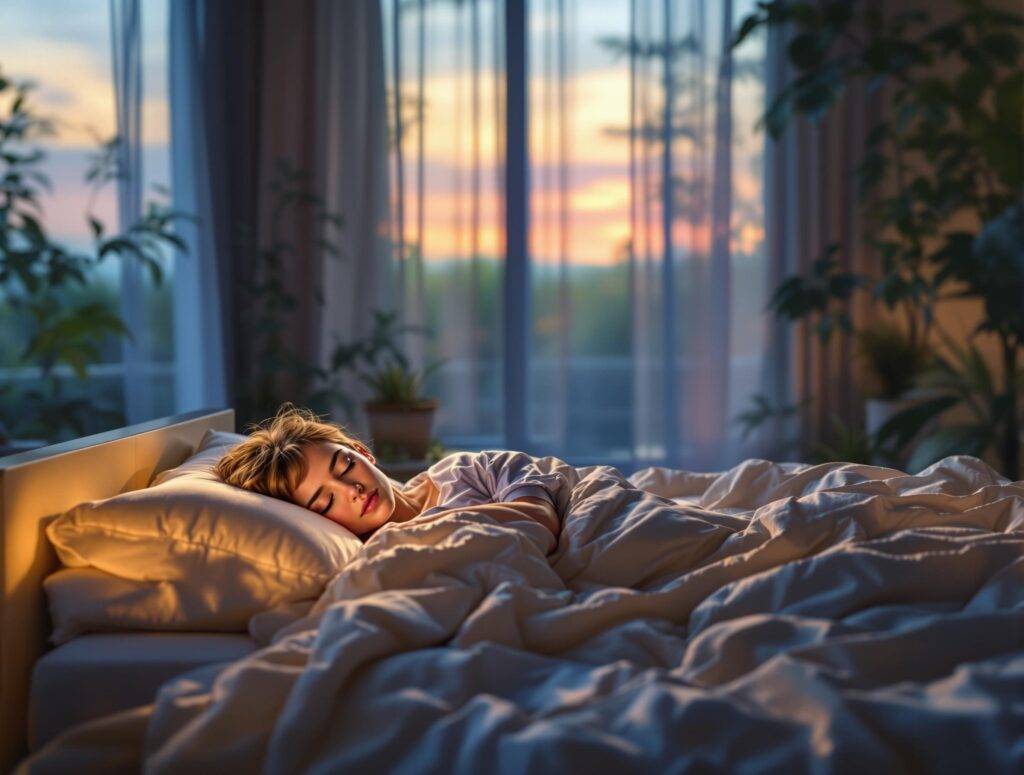 Interimschlaf: Der Schlüssel zu mehr Energie und Resilienz 1 Eine Entspannende Szene, Die Interimschlaf Symbolisiert: Eine Person Schläft Friedlich In Einem Gemütlichen Bett In Einer Ruhigen, Abgedunkelten Umgebung Mit Beruhigenden Blauen Und Grünen Farbtönen, Sanftem Licht Und Dezenten Natur-Elementen Wie Pflanzen Im Hintergrund.