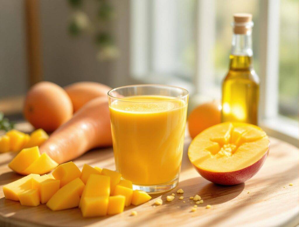 Vitamin A: Das unterschätzte Power-Vitamin – 7 Fakten, die Du kennen solltest! 2 Ein Glas Frisch Zubereiteter Karotten-Mango-Smoothie Steht Auf Einem Hellen Holztisch, Umgeben Von Geschnittenen Karotten, Einer Halben Mango, Einer Kleinen Flasche Hochwertigem Öl, Einem Glas Orangensaft Und Etwas Zitronensaft. Das Arrangement Wirkt Einladend, Gesund Und Vitaminreich – Ideal Für Einen Vitalen Start In Den Tag.