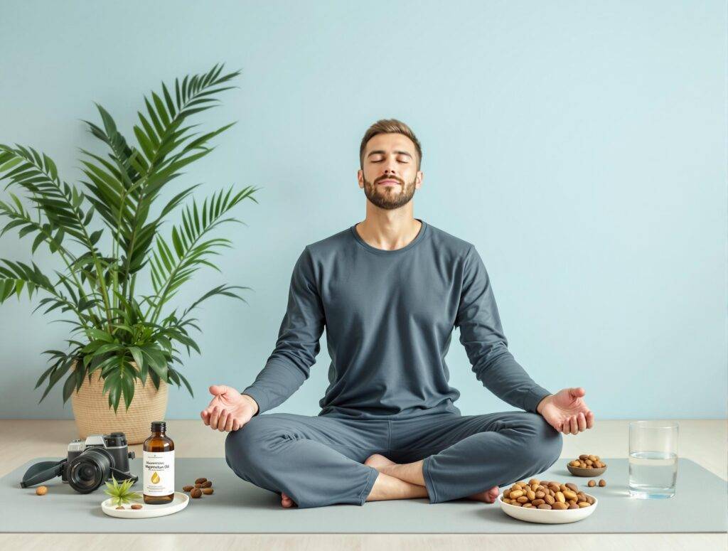 Magnesium und Stress: Dein ultimativer Bodyguard für den Alltag 1 Magnesium &Amp; Stress: Eine Entspannende Szene Mit Einer Person, Die Auf Einer Yogamatte Meditiert, Umgeben Von Grünen Pflanzen, Einer Flasche Magnesiumöl, Einer Schale Mit Nüssen Und Einem Glas Wasser. Die Sanften Farben Blau Und Grün Im Hintergrund Symbolisieren Ruhe Und Gelassenheit