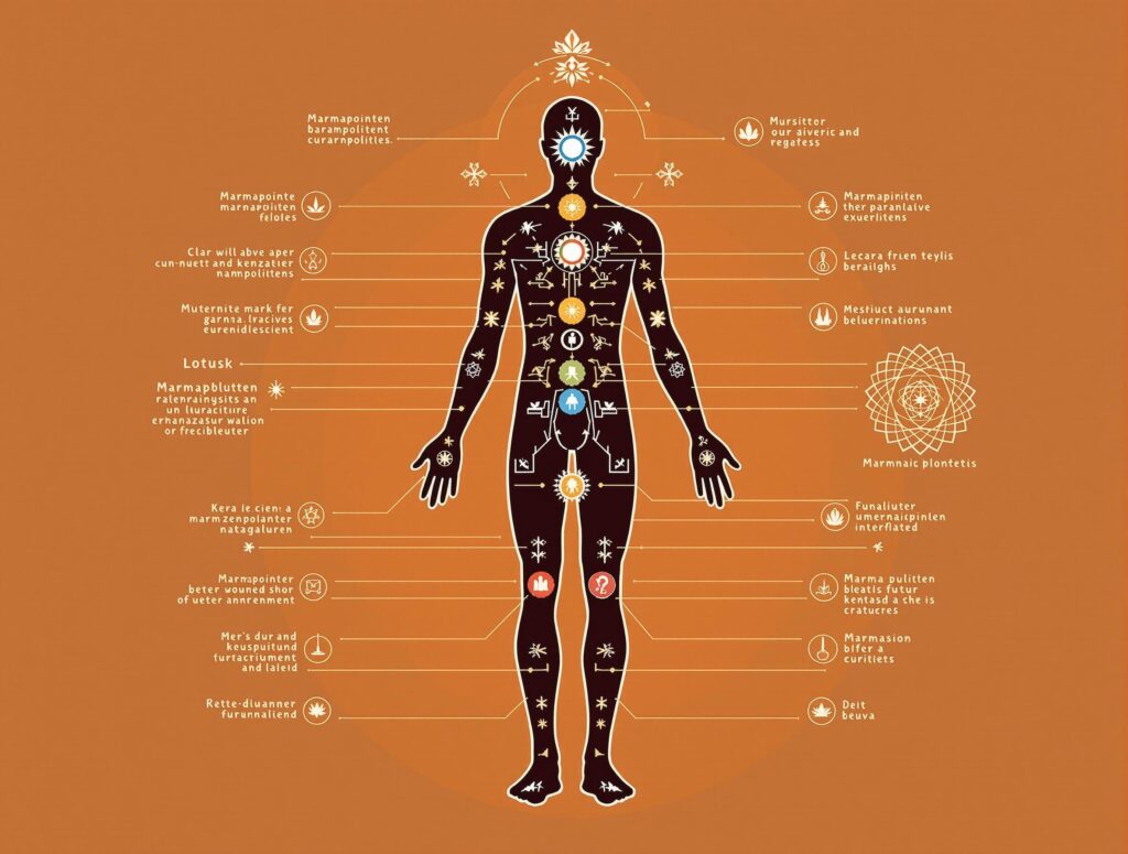 Marmatherapie: Die Kunst der Heilung durch Berührung 1 Ayurvedisches Anatomiebild Der Marmapunkte: Darstellung Der 107 Marmapunkte Des Körpers, Hervorgehoben Durch Ayurvedische Symbole, Ideal Zur Visualisierung Energetischer Heilmethoden.