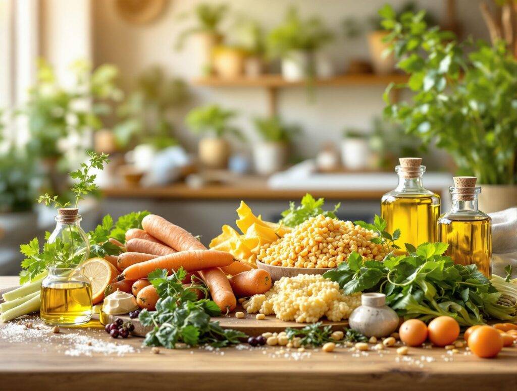 Vitamin A: Das unterschätzte Power-Vitamin – 7 Fakten, die Du kennen solltest! 1 Frisches Gemüse Wie Karotten, Spinat Und Süßkartoffeln Sowie Hochwertige Öle Und Nahrungsergänzungsmittel Auf Einem Holztisch In Moderner Praxisumgebung – Symbolbild Für Vitamin-A-Quellen In Der Ganzheitlichen Naturheilkunde.