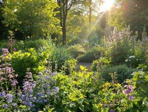 Traditionelle Europäische Naturheilkunde: Ein Erbe für die moderne Gesundheitsförderung 1 Traditionelle Europäische Naturheilkunde: Blick In Einen Üppigen Europäischen Kräutergarten Am Morgen, Verschiedene Heilpflanzen Wachsen In Natürlicher Umgebung.