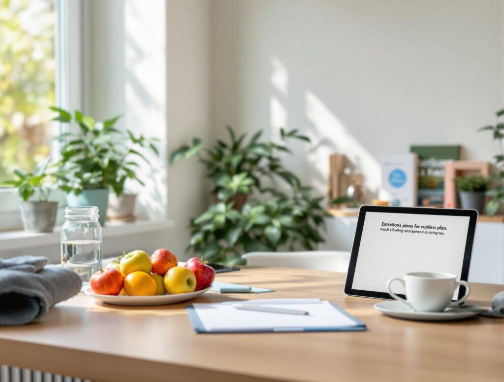 Moderner, Heller Praxisraum Mit Schreibtisch, Frischem Obst, Wasser, Sportlichen Accessoires Wie Yogamatte Und Hanteln, Einer Tasse Tee Und Einem Tablet Mit Ernährungsplan