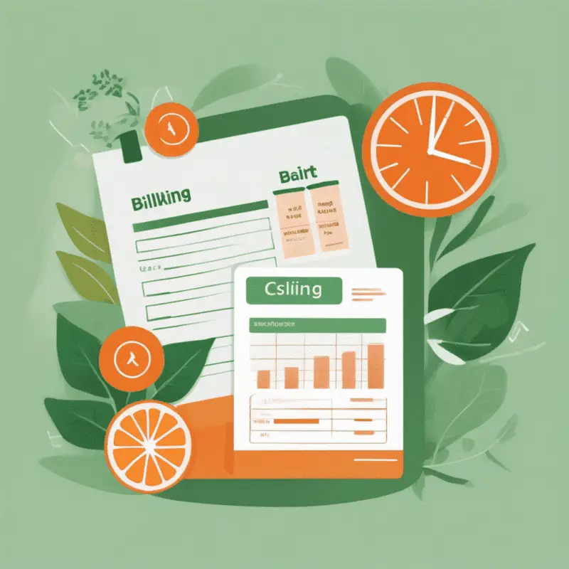 Grafik mit Formularen, Timern und Orangen vor grünem Hintergrund mit Pflanzen im Hintergrund
