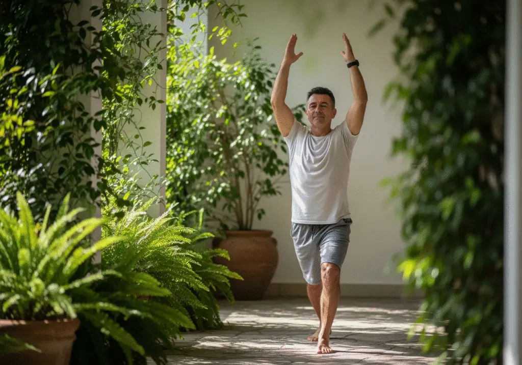 Person entspannt sich bei sanften Fitnessübungen an einem warmen Sommertag