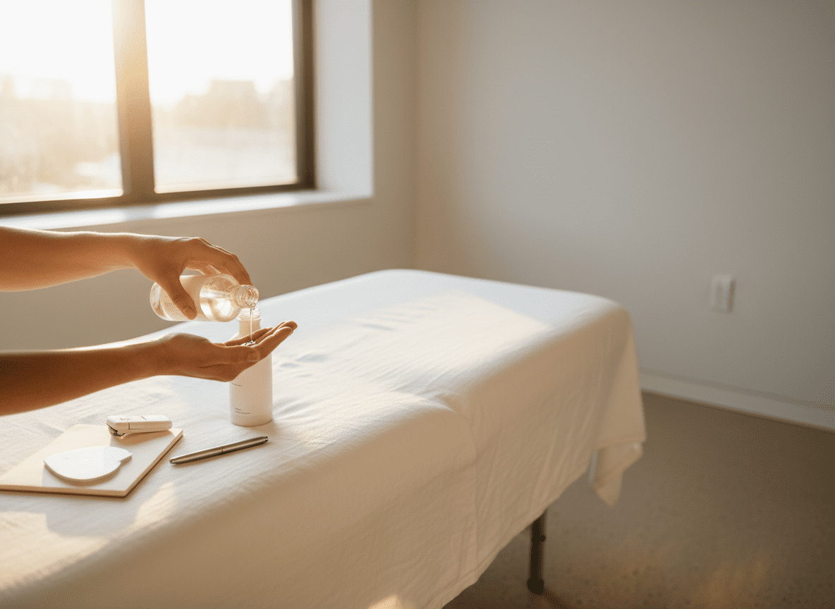 Nahaufnahme: Massageöl wird elegant in eine Hand gegossen, im Hintergrund ein helles, ruhiges Zimmer mit Massageliege