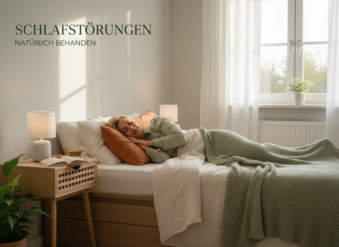 Ein helles Zimmer mit sanftem Morgenlicht, das durch das Fenster fällt, während eine Person ruhig auf einem Bett schläft.